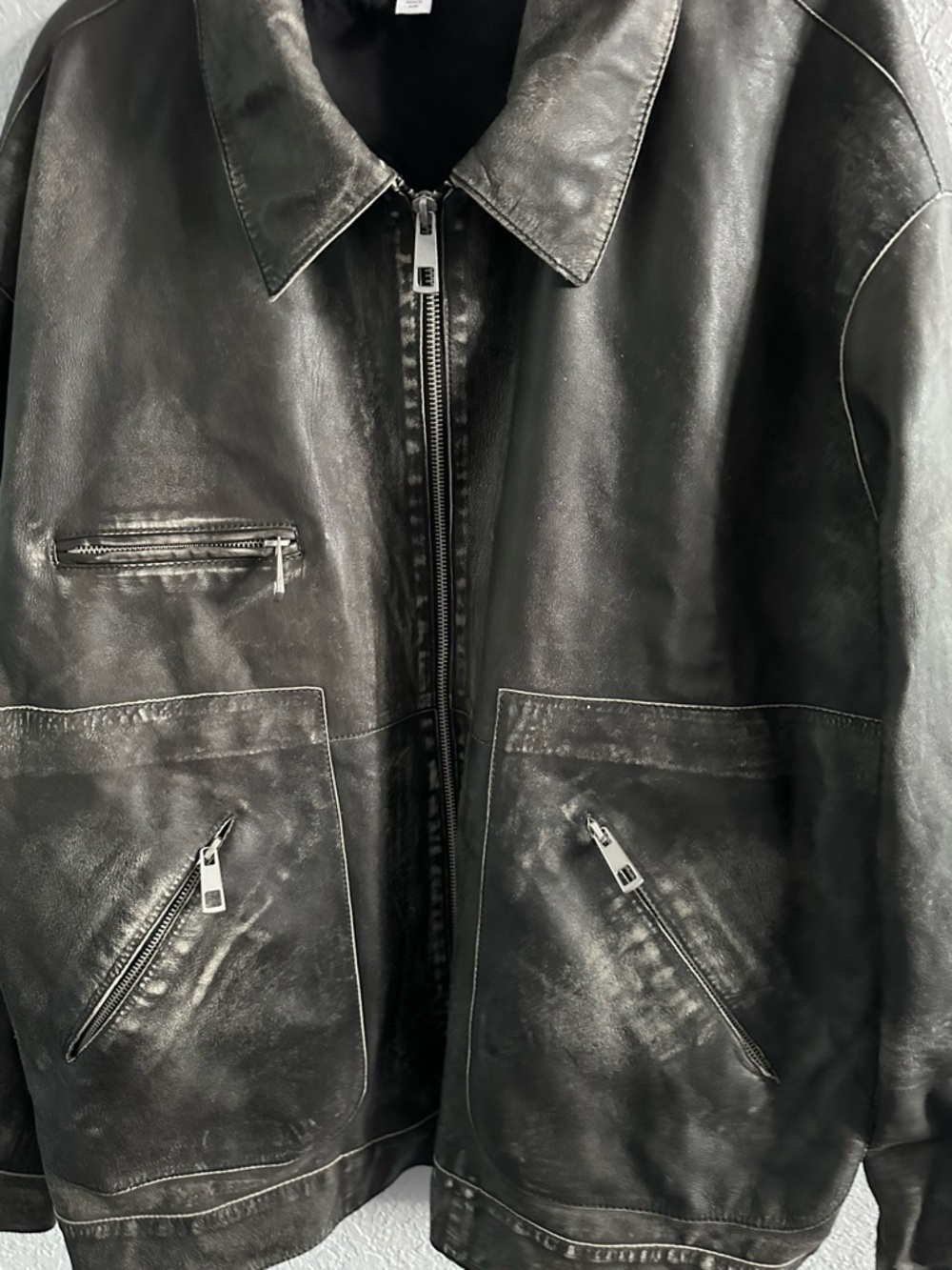 Topshop Real Leather Distressed Black Jacket Oversized Zip Utility Moto Size 12 - Picture 2 of 12